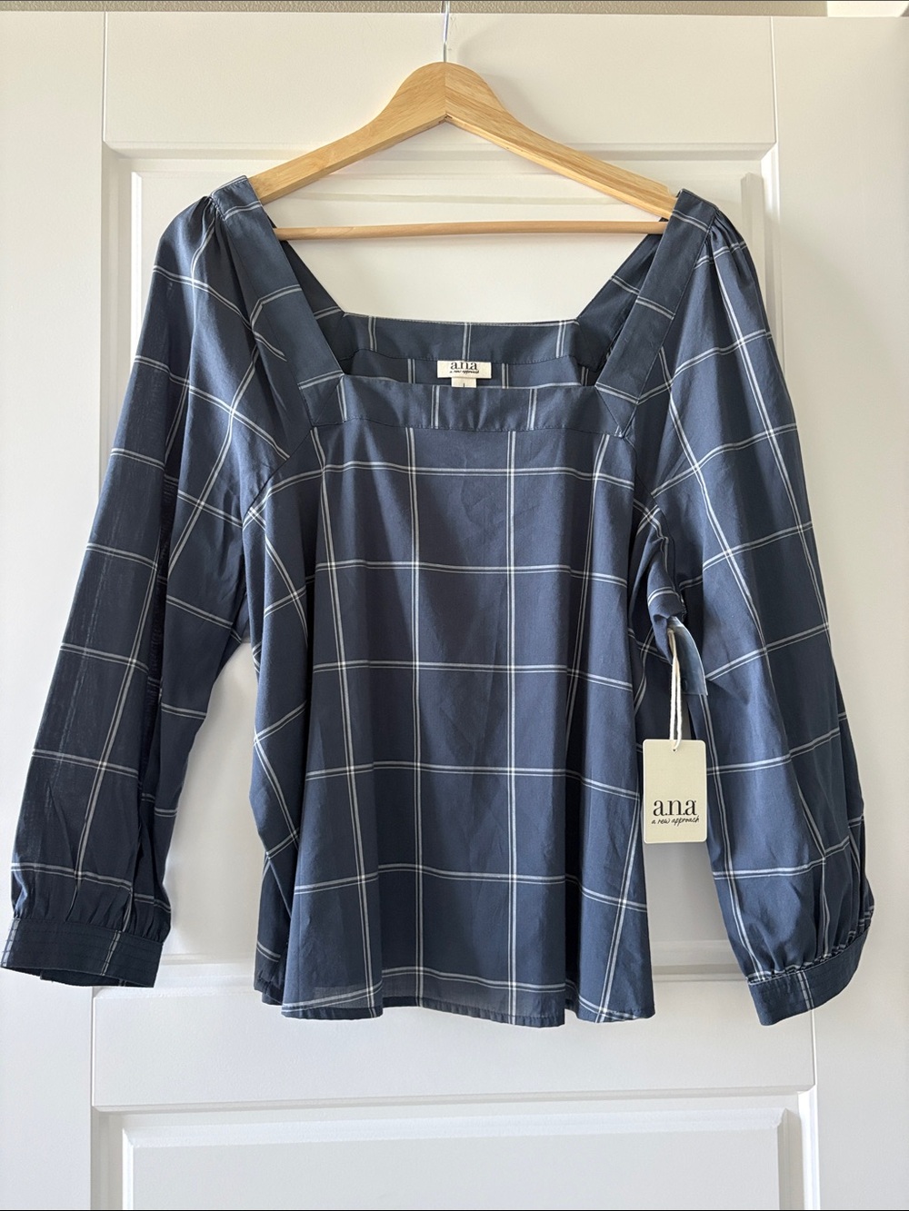 a.n.a Navy Blue White Windowpane Square Neck Blouse